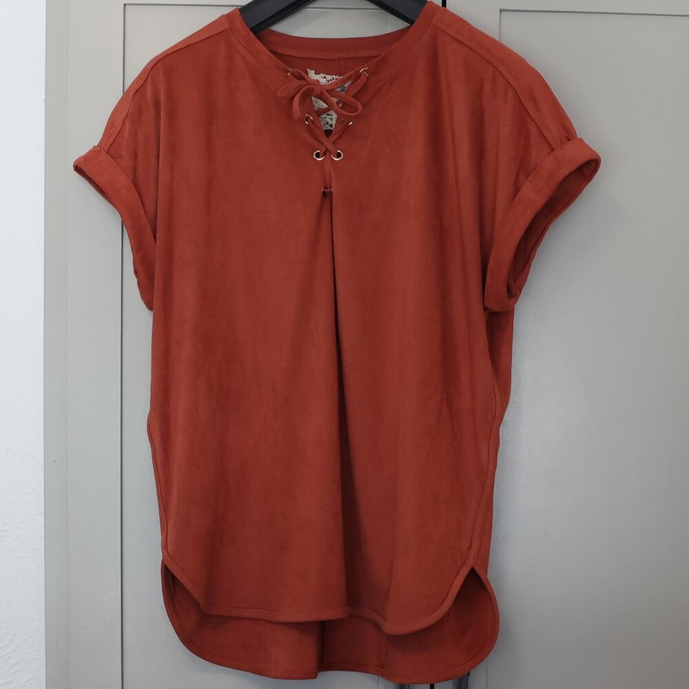 Cupio Faux Suede Lace-Up V-Neck Top – XL – Burnt Orange/Rust